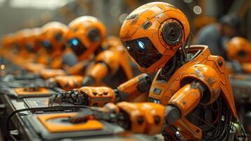A line of orange robots work on an assembly line in a factory setting photo