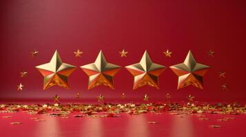 Five gold stars hover above a field of confetti on a red background photo