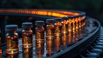 A row of amber glass bottles roll along a conveyor belt in a factory photo