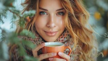 A woman with long, red hair enjoys a warm beverage on a chilly day, surrounded by green foliage photo