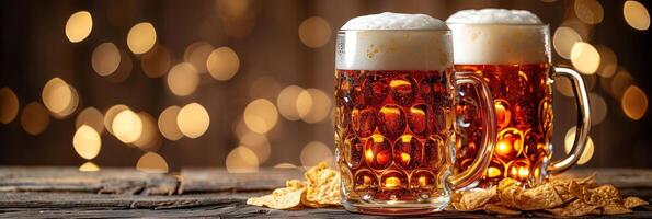 Two full beer mugs with white foam sit on a rustic wooden surface, illuminated by warm bokeh lights photo