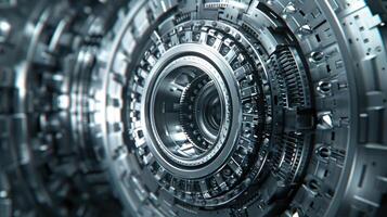 A close-up image of a complex, intricately designed metallic machine with a circular core and multiple layers of gears photo