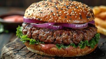 A close-up shot of a juicy burger topped with red onion and lettuce, ready to be devoured photo