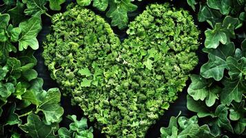 A heart shape made with fresh parsley and leafy greens on a dark background photo