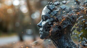 A close-up of a figurative sculpture composed of puzzle pieces, disintegrating against a blurry background photo