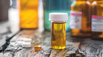 Urine sample container in laboratory. Urine sample for Fentanyl drug test. photo