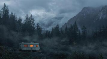 A caravan parked in a tranquil forest setting with misty mountains in the background during twilight photo