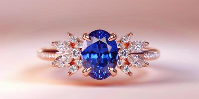 A luxurious sapphire ring with sparkling diamonds set in rose gold, showcased on a soft pink backdrop photo