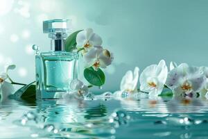 Perfume bottle among white orchids and reflected on a water surface photo