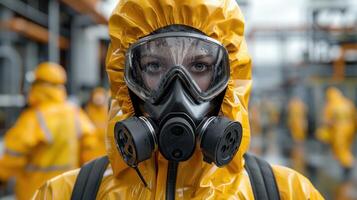A person in a yellow hazmat suit stands vigilantly, their face obscured by a respirator and goggles photo