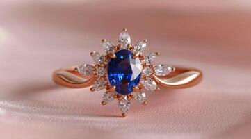 A luxurious sapphire ring with sparkling diamonds set in rose gold, showcased on a soft pink backdrop photo