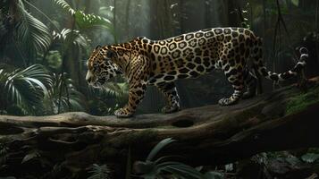 Jaguar walking across a fallen tree trunk in the jungle. photo