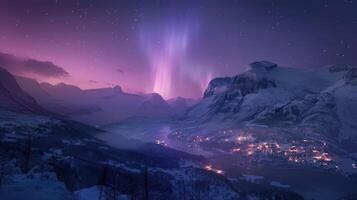 Stunning depicting the aurora borealis display over a serene mountain lake at night photo