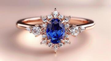 A luxurious sapphire ring with sparkling diamonds set in rose gold, showcased on a soft pink backdrop photo