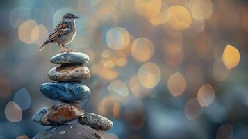 A small bird perches atop a balanced stack of smooth stones photo