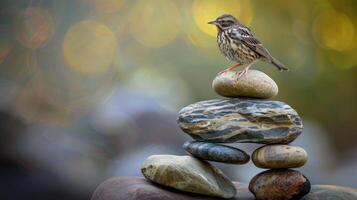 A small bird perches atop a balanced stack of smooth stones photo