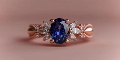 A luxurious sapphire ring with sparkling diamonds set in rose gold, showcased on a soft pink backdrop photo