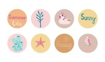 Cute summer coral , fish star , unicorn pool , ice cream and lettering icons in color circles for stickers and icons for planner , banner designs vector