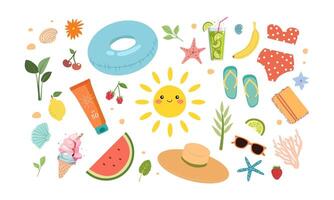 A set of summer illustrations, icons and decorations. This is a simple flat design in doodle style. There are lemon, watermelon, ice cream, palm tree, ribbon frames and more. vector