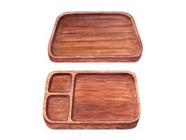 High quality wooden trays featuring one solid tray and one with compartments. Natural brown tray add rustic touch to any space, combining beauty with functionality. Watercolor illustration for serving vector