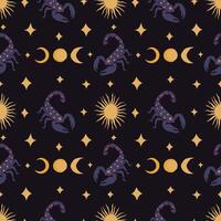 Seamless pattern with scorpio and stars on a dark background. Endless pattern with hand-drawn astrological elements. vector