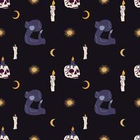 Mystical ornament in wild west style. Seamless pattern with hand drawn snake, skull, candles and stars vector