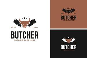 Cleaver and cow head logo design for butcher illustration template idea vector