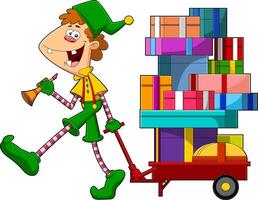 Santa's Little Elf Helper Cartoon Character Pulls A Cart With Gift Boxes vector