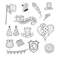 Quirky hand-drawn icons capture the fun of July 4th, featuring cartoon fireworks, flags, eagle head and others for celebrate at 4th of july design vector