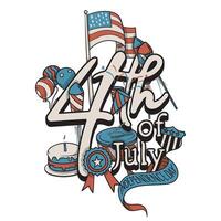 4th of july typography in red and blue design with celebrating icons in hand drawn for us independence day vector