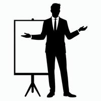 a good looking businessman standing with a whiteboard showcasing different poses with hands silhouette vector