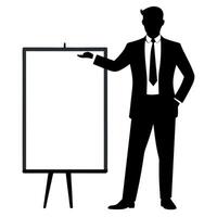 a good looking businessman standing with a whiteboard showcasing different poses with hands silhouette vector