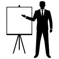 a good looking businessman standing with a whiteboard showcasing different poses with hands silhouette vector