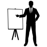 a good looking businessman standing with a whiteboard showcasing different poses with hands silhouette vector