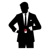 business man in a suit standing and checking time on the wristwatch silhouette, isolated white background vector