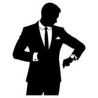 business man in a suit standing and checking time on the wristwatch silhouette, isolated white background vector