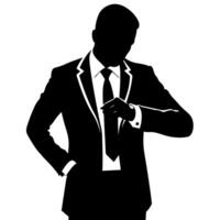 business man in a suit standing and checking time on the wristwatch silhouette, isolated white background vector