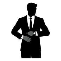 business man in a suit standing and checking time on the wristwatch silhouette, isolated white background vector