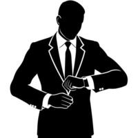 business man in a suit standing and checking time on the wristwatch silhouette, isolated white background vector