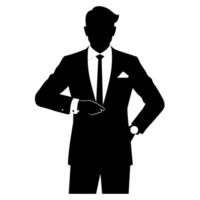 business man in a suit standing and checking time on the wristwatch silhouette, isolated white background vector