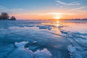 Sunset over a frozen lake with cracked ice and trees in the distance photo