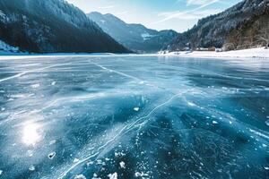Frozen lake with snowy mountains in the background photo