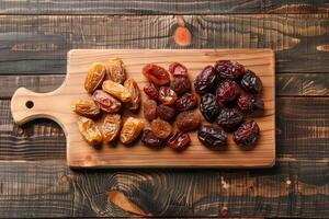 Assorted dates on wooden cutting board photo