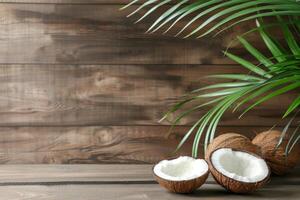 Split coconuts and green palm leaves against a wooden background photo