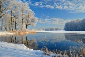 Snow covered trees reflecting on a calm lake under a bright blue sky photo