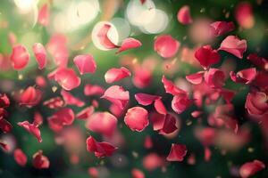 Floating red rose petals with a vibrant bokeh background photo