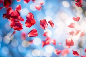 Floating red rose petals with a vibrant bokeh background photo