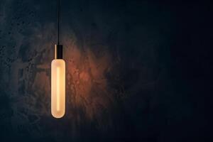 Opaque tubular energy-saving bulb glowing in a minimalist loft-style fixture against a dark wall photo