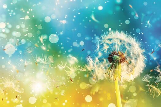 Dandelion seeds floating in a vibrant, colorful background photo