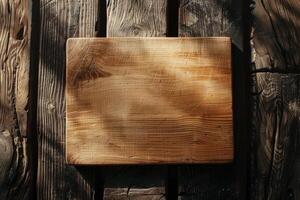 Wooden cutting board with scratch marks on rustic wooden background photo